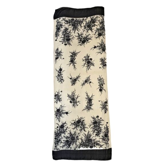 Chiffon Scarf Long Floral Black White Rectangle Border Hand Rolled Edge Vintage - Picture 3 of 3